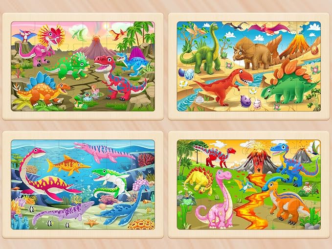 Wooden Puzzles for Kids Ages 4-6, 4 Pack 24 Pcs Toddler Puzzles Set for Ages 3-5, Educational Toys Gift for Boys Girls 3 4 5 6 7 8 (Dinosaur Land, Volcano, Sea & Forest Dino Worlds)