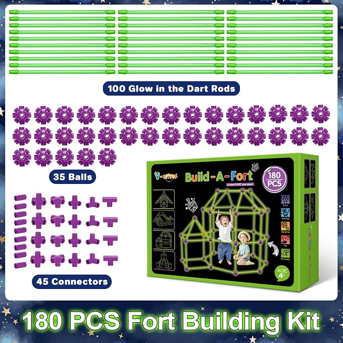 180 Pack Glow in The Dart Fort Building Kits for Kids Age 4, 5, 6, 7, 8+ Years Old, STEM Building Toys for DIY Castles, Tunnels, Ideal Christmas, Birthday Gifts for Boys & Girls