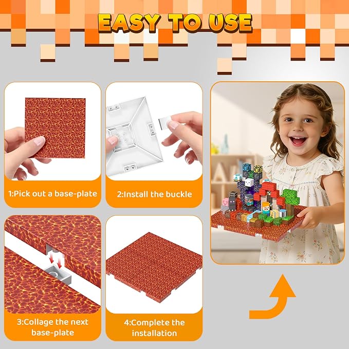 4PCS 4" x 4" Magnetic Building Block Base Plates for Kids, Strong Grip Magnetic Tiles Base Compatible with Most Popular Magnetic Blocks & Cubes, STEM Educational Toys for Boys Girls Ages 3+ (Lava)