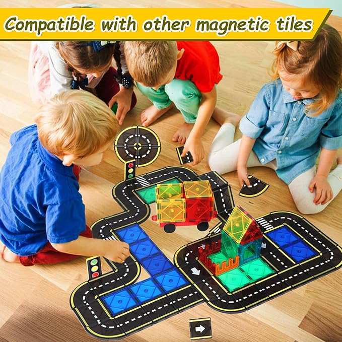 BENOKER Magnetic Tiles Road Set, STEM Magnet Building Toy for Toddler Kids | Creative magnetic building tiles, open-ended educational STEM toy, great birthday gift for toddler boys and girls