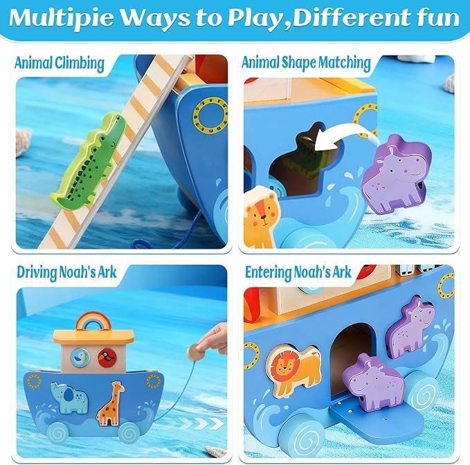 Wooden Noahs Ark Toy with Animal|Baby Baptism Gifts for Boys and Girl | Montessori Toys for 1+ Years Old|Eductional Shape Sorting Noah's Ark Toys for Toddlers 1-3|Learning Christening Birthday Gift