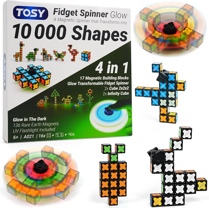 TOSY Magnet Fidget Spinner Glow - 16 Blocks, 3 in 1 Toy: Transformable Fidget Spinner, Infinity Cube, 2x2 Puzzle Cube, Glow, Stress Relief, STEM Magnet Tiles Birthday Gift for Kids/Boys/Girls/Adults