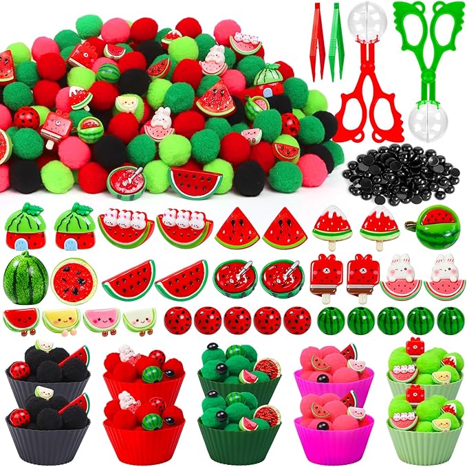 Watermelon Sensory Bin Filler-301Pcs Summer Fruit Fine Motor Sensory Bin Item Includes Tweezers Scissor Pom Poms Watermelon Resin for Summer Decor Counting Motor Skills Development