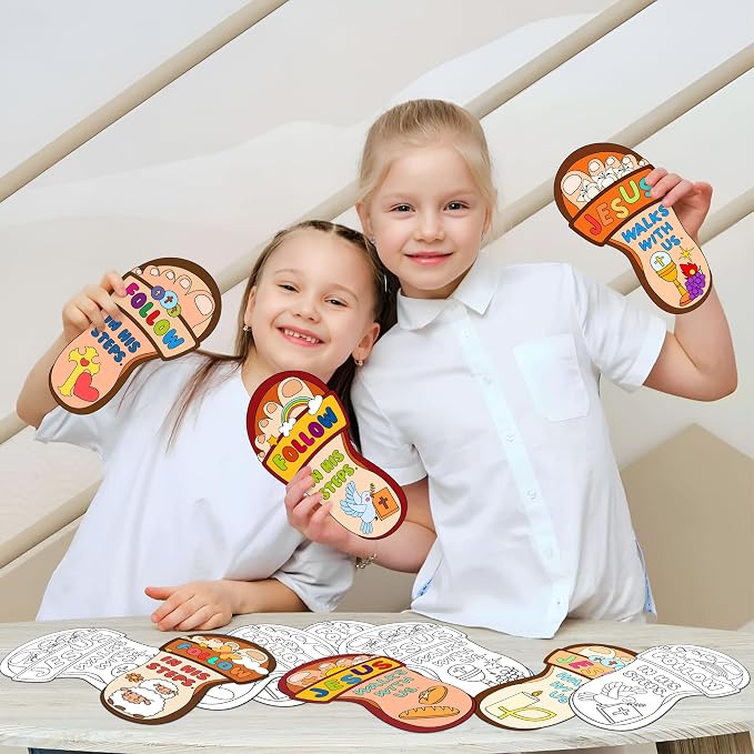 Dvbonike 24Pcs Sunday School Crafts for Kids Color Your Own Religious Card | Jesus Walks with Us, Christian Coloring Craft Kit, Footprint, DIY Drawing Party, Gifts, VBS Home Classroom, Activity Supplies