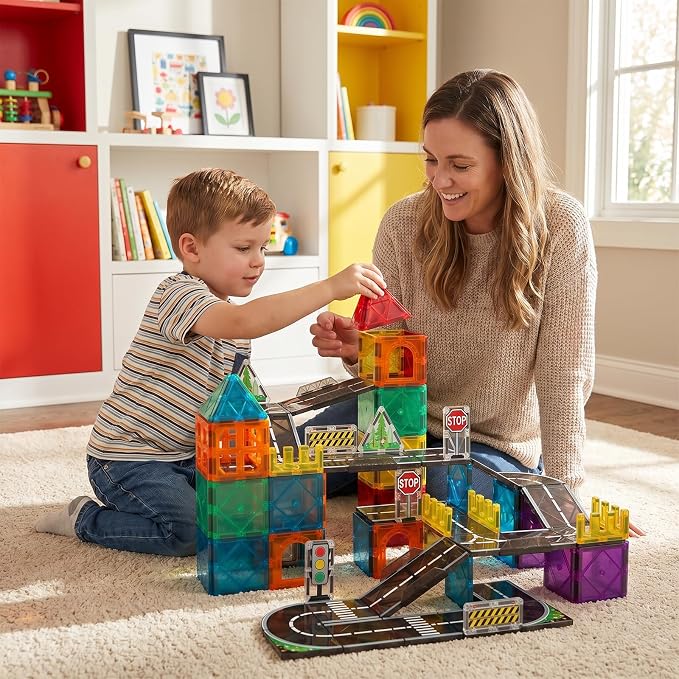 Magnetic Tiles Road Set, 89 PCS Magnetic Building Blocks with Roads | Bridges & Ramps, STEM City Building Toys for Kids Ages 3-8, Educational Construction Magnet Toys, Gifts for Boys Girls