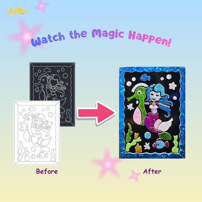 JoyBox Foil Fun–DIYKids Paper Foil Art Craft Kit for&Travel Screen-Free Fun | Birthday Party Gifts for Ages 4-9 and Up,Art Travel Toys for Boys Girls mermaid themes! includes glow‑in‑the‑dark sequins