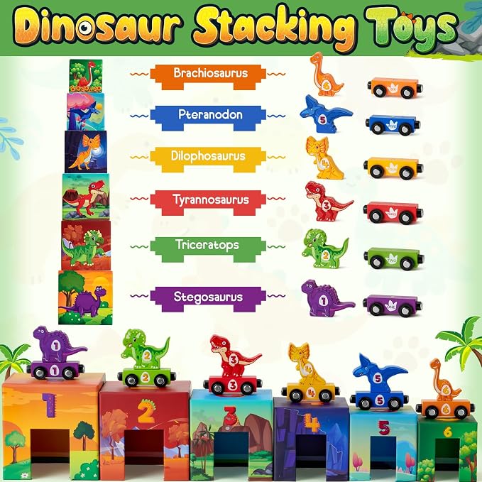 Atoylink Toddler Dinosaur Sorting and Stacking Toys with Magnetic Wooden Dinosaur Train Set, Baby Number Blocks Nesting Boxes Preschool Learning Montessori Toys for 3 Year Old Boys Girls Gift
