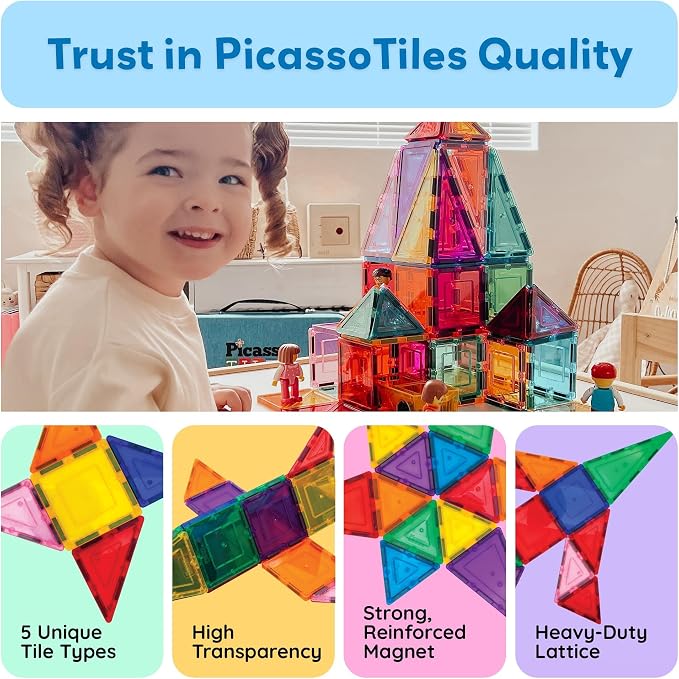 PicassoTiles 60 Piece Magnetic Tiles Clear 3D Building Blocks STEM Ages 3+ | Montessori sensory learning, easy small-hand grip, multiplayer group play fun, preschool classroom gifting, smooth safe edges