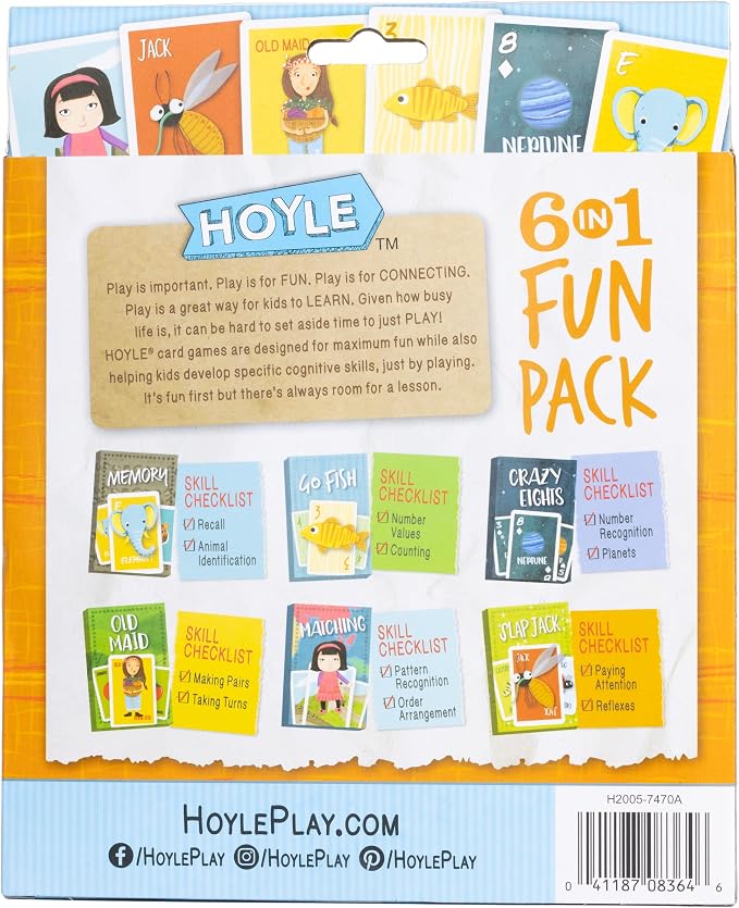 Hoyle 6-in-1 Kids Card Game Pack Go Fish Memory Old Maid Ages 3 Plus | 6 games in 1 pack Go Fish Memory Old Maid Crazy Eights Slap Jack and Matching, Ages 3 and up, 15 minutes or less
