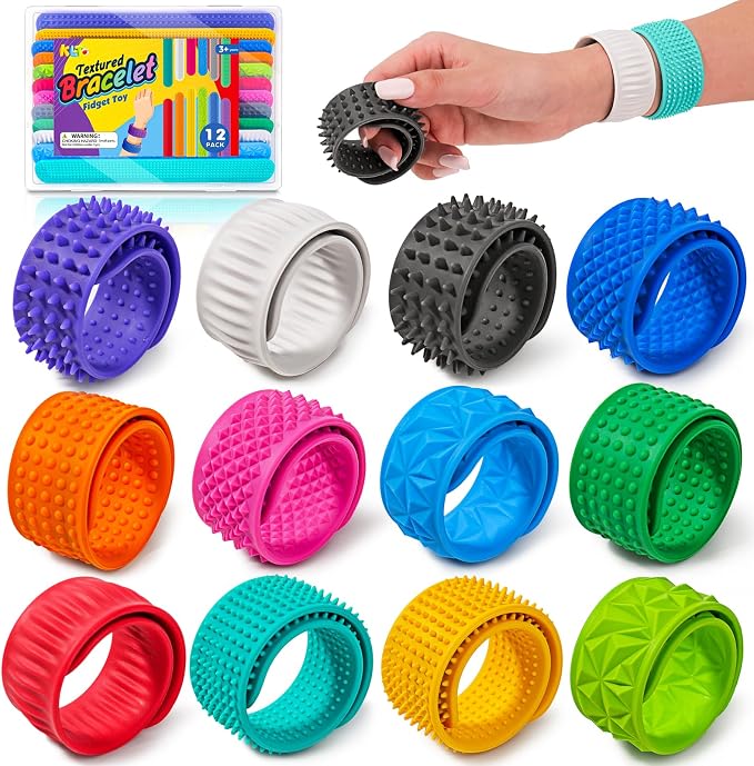 KLT Silicone Slap Bracelets 12 Pack with 6 Textures | Reusable storage boxes, quiet wearable fidgets, classroom rewards, office desk toys, travel activities, party favors