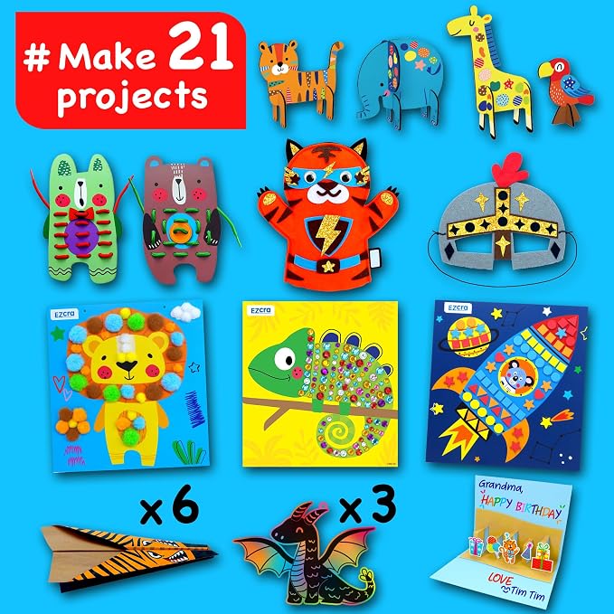 EZCRA Craft Box for Kids Ages 4-8 - 21-in-1 Arts and Crafts Kit | Mess-Free Activity Kit for Boys and Girls. 21 Craft Projects included. Birthday Gift for Kids.