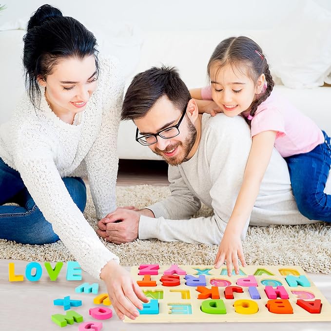 Wooden Alphabet Puzzles, ABC Learning Toys for Toddlers | Thick Easy-Grip Solid Wood Letters, Preschool Early Learning Activities, Montessori Birthday Gift for Girls & Boys