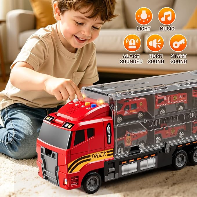 Carrier Truck Toddlers Toys for 3 4 5 6 7 Years Old Boys, Toy Truck Transport Car & Die-Cast Car and Play Mat, Fire Toys Birthday Gifts for Kids 3 4 5 6 7 8+ Years Old Boys Girls