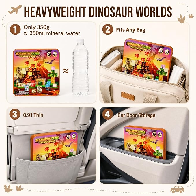 Dinosaur Magnetic Blocks Travel: 49PCS Prehistoric Cubes Toy Set | 4 Story Missions & Explorer Figure for 45+ Min Quiet Focus Game 350g Tin Travel Toy for Car Airplane Activities Kids Ages 3-8