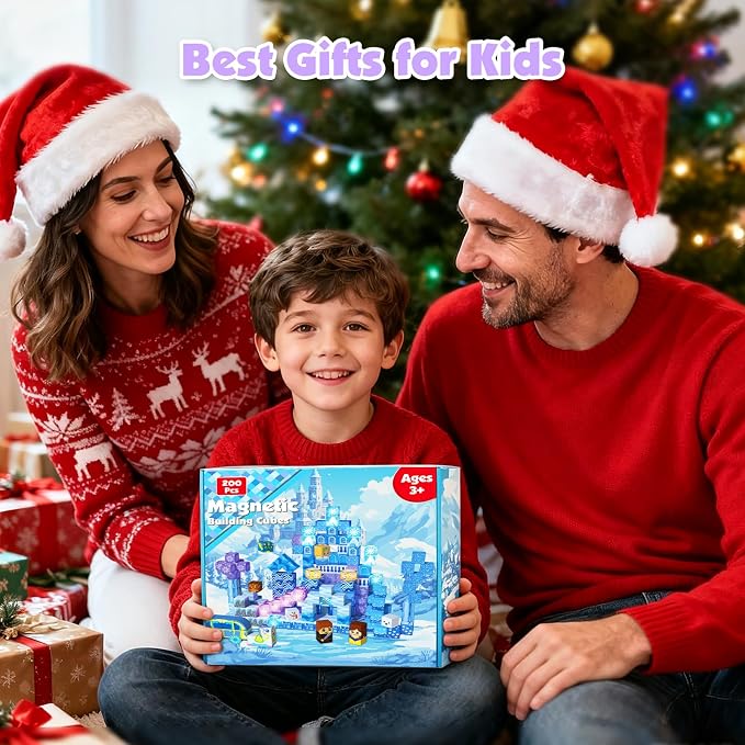 200 PCS Light Up Magnetic Blocks, Transparent Magnetic Building Block for Blue Snow Princess Castle, Frozen Magnet Cubes STEM Toys for Girls Age 3 4 5 6 7 8 9 10 11 12 13 Birthdays Gift for Kids