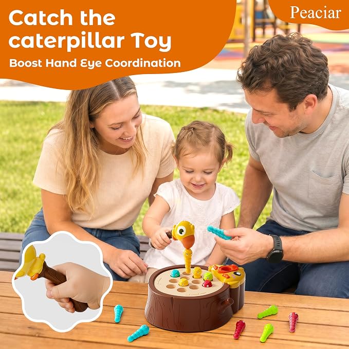 Magnetic Bird Feeding Game, Fine Motor Skills Ages 3-5 Birthday Girls Gift | Woodpecker Worm Catching Game, Montessori Educational Toy, 2 Speeds with Music, Safe Materials Ideal Gift for Toddlers 3-5