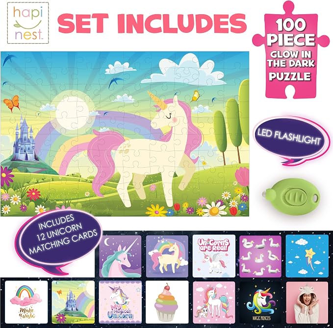 Hapinest 100 Piece Unicorn Puzzle Glow-in-The-Dark Puzzle for Kids Girls & Boys, Birthday Gift w/Bonus Memory Matching Cards & LED Flashlight, Jigsaw Puzzles for Kids Ages 5 6-8 10-12 Years Old and Up