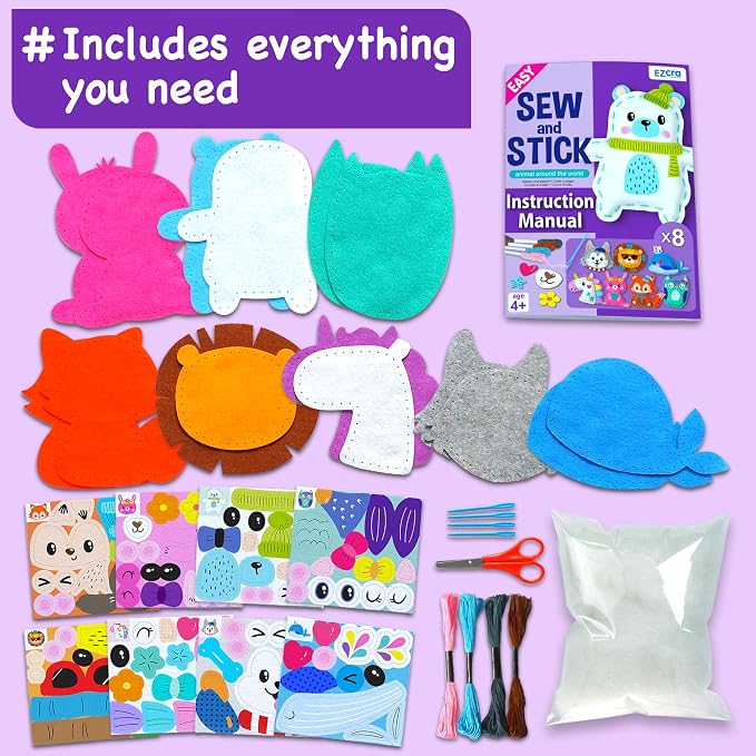 EZCRA Unicorn Sewing Kit for Kids Ages 4-8 - 8 Beginner Projects | DIY Sewing Craft Kit for Girls. 8 Beginner Learn to Sew Projects. No Mess Gift. Full Instructions and Felt Stickers included.