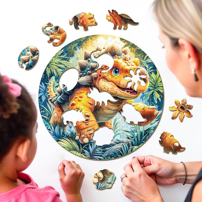 Dinosaur Wooden Puzzles for Kids - Ankylosaurus | 50 Piece Puzzles for Kids Ages 6-8, Kids Puzzles with Unique Animal Shapes, Round Gift for Girls and Boys (11.4 * 11.4 in)