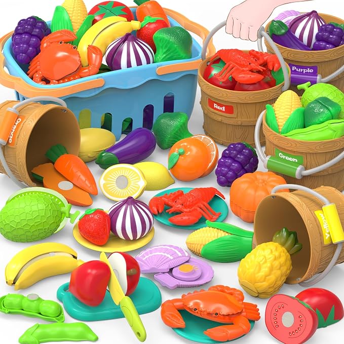 Play Food Toys with with Shopping Storage Basket, Cutting Food Sorting Toy | Pretend Play Kitchen Accessories, Cutting Food Sorting Toy, Fake Fruits/Vegetables Set , Plastic Board and Knife, Birthday