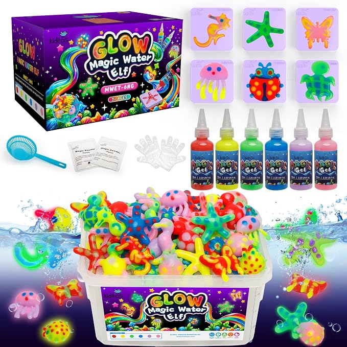 Kiditos Glow-in-the-Dark Magic Water Elf Toy Kit for Kids, DIY Craft Kit | 6 Gels & 6 Molds, Magic Aqua Fairy Water Gel Kit, STEM Science Activity, Party Favors & Birthday Gifts for Kids Ages 3+