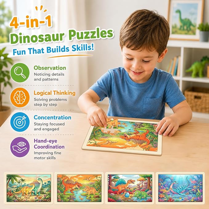 Puzzles for Kids Ages 4-6, 4-Pack 24-Piece Wooden Kids Puzzles | Dinosaur Adventure Themes | Educational Puzzles for Kids Ages 3-5, Age-Appropriate Learning Toys, Ages 3+
