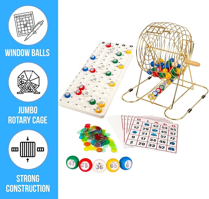 Regal Bingo Gold Professional Bingo Game Set with 11" Wheel Cage, 75 Bingo Balls, Master Board, 18 Bingo Cards & 25 Jumbo Reusable Cards, and Colorful Chips - Bingo Games for Adults Large Group