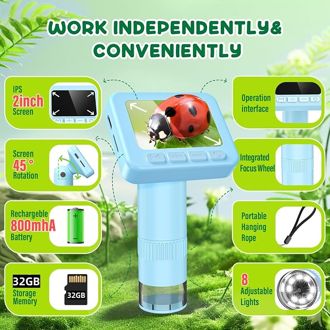 IMICHI Microscope for Kids 50X-1000X - 2 inch IPS HD Screen, 32GB Storage Card, 1080P Video, 2-Hour Battery Life, Easy Carry, Slides Included - Perfect Science Kit Gift for Kids Ages 8-12 Blue