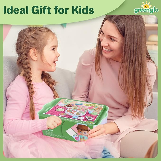 greenglo Kids Sensory Sand Playset - 2.2 LBS Colored Sand (1* Soft Magic, 3* Firm Modeling) with 23 Cake & Dessert Molds w Sensory Bin, Educational Sand Kit for Toddlers & Kids Ages 3-8