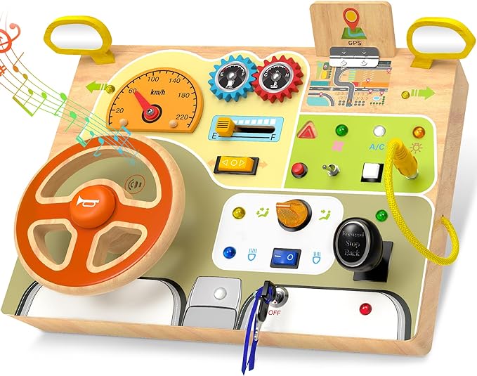 Montessori Wooden Busy Board, Toddler Sensory Travel Toy with Light Switch | Educational Learning Activity Toy, Fine Motor Skills Game for Kids, Gifts for Toddlers Age 3 4 5 6+ Years Old