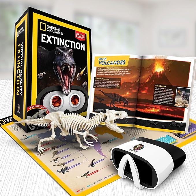National Geographic Extinction- Kids VR STEM Science Kit, Gift Ages 8-12 | Virtual reality goggles, AR dinosaur discovery, 40-page book, 20in T-rex fossil build & display, learn archaeology & history