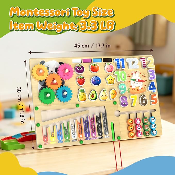 9-in-1 Montessori Busy Board Wooden Magnetic Maze Toy for 3+ Year Old Gift | Toddler Sensory Educational Activity Board Travel Toy with Felt Counting Blocks