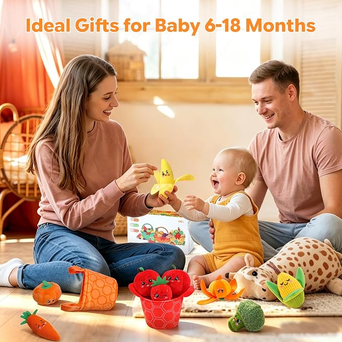 Baby Toys 6-12 Months, Sensory Fruit & Vegetable Toy Set with Rattle, Crinkle & Color Sorting Baskets, 16 PCS Montessori Fine Motor Toy for 6-18 Months, Baby Gifts for Boy Girl 6 9 Months Old