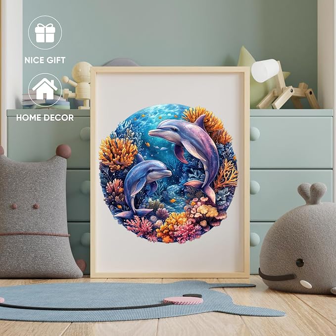 Qiuenisray Wooden Puzzles for Adults, Dolphins Jigsaw Puzzles 200 Pieces | FSC Certified Unique Shape Ocean Puzzles 11.2x11.2 in, Beautiful Decor, Unique Wood Puzzle, Creative Gift for Family Game