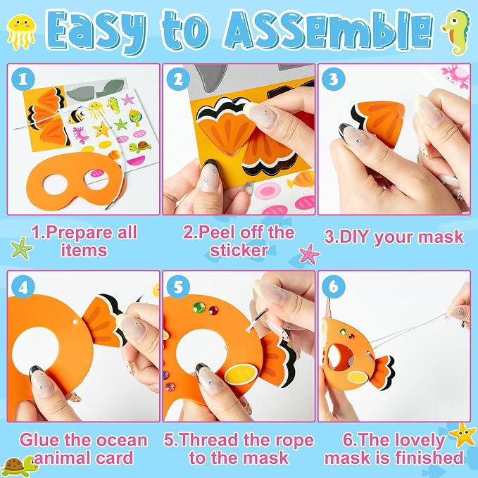 WATINC Ocean Animals Mask Craft - 24pcs Make Your Own Sea World Animal Foam Mask Kit for Kid, Under the Sea DIY Set with Diamond Stickers for Dress Up Party Favor Art Project Family Classroom Activity