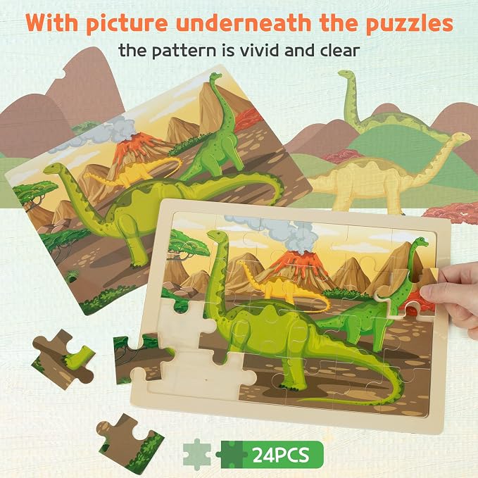 SYNARRY Large Dinosaur Wooden Puzzles for Kids Ages 4-6, 4-in-1 Gift Set | Dinosaur Puzzles for Toddlers & Kids Ages 3-5, Birthday Gifts for Boys & Girls, Educational Dinosaur Toys, Screen-Free Play