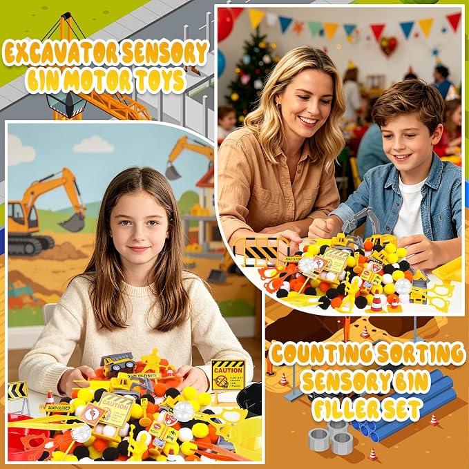 260Pcs Construction Sensory Bin Filler Construction Fine Motor Sensory Bin Items Pom Poms Vehicles Road Signs Worker Figures for Summer Counting Sorting Training Decor