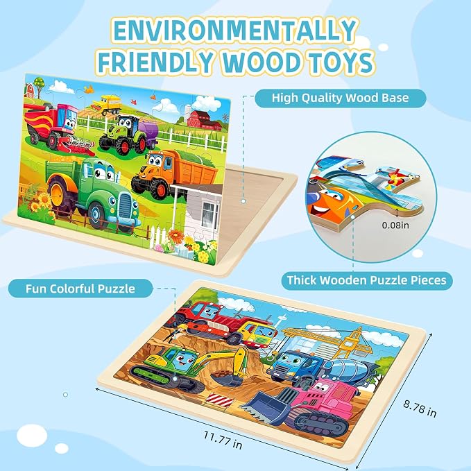 Puzzles for Kids Ages 4-6, 6-Pack 30-Piece Wooden Kids Puzzles | Vehicle Adventure Themes | Educational Puzzles for Kids Ages 3-5, Age-Appropriate Learning Toys, Ages 3+