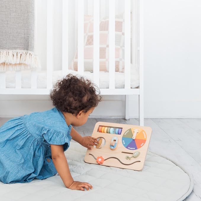 Pearhead Busy Board for Toddlers, Wooden Montessori Sensory Toy | FSC-Certified Design, Built-In Stand, Travel Activities, Color Recognition, Ages 1+