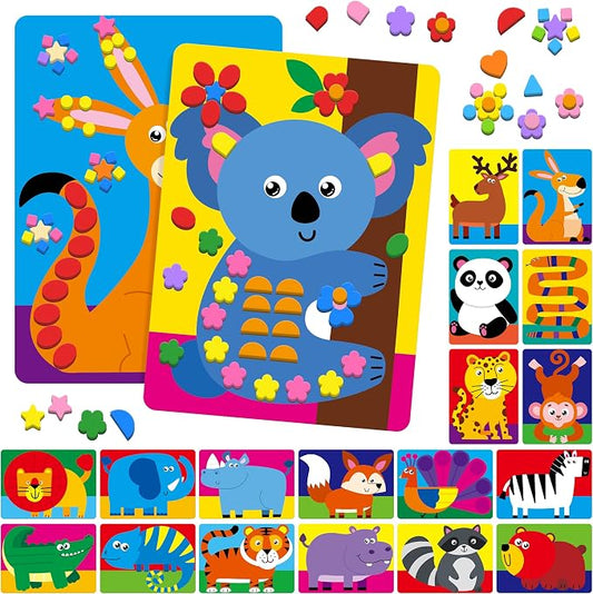 SpriteGru Foam Sticker Art Activity, 20 Wild Animal Art Boards with 1660 Foam Stickers in 10 Colors, Funny DIY Activity Creative Craft Kits Travel Game for Kids, Boys & Girls