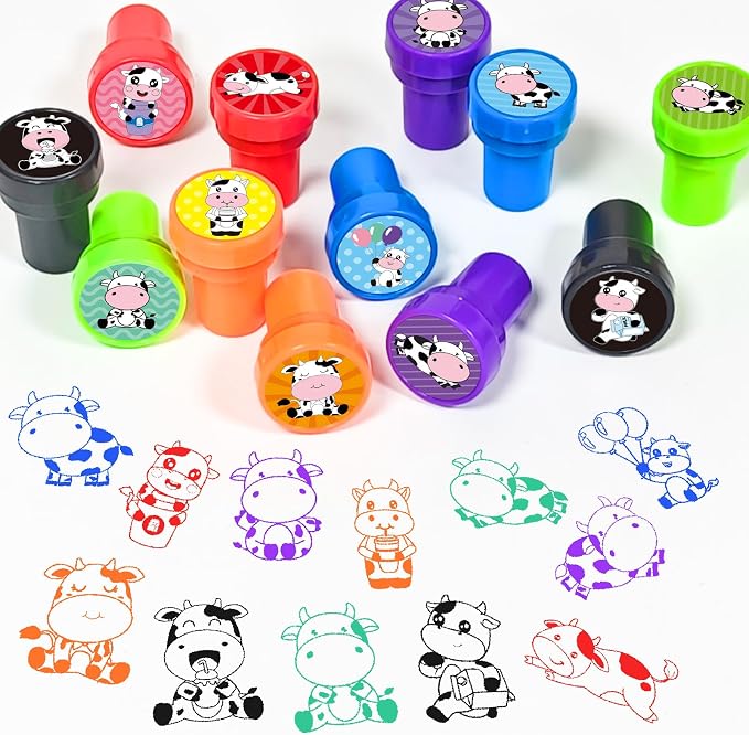 Cinrobiye 24 Pcs Cow Stampers Party Favor Set, Cute Farm Animal Stamps for Kids Birthday Party, Classroom Rewards, Farm Themed Party Supplies, Goody Bag Fillers, Barnyard Animal Toys