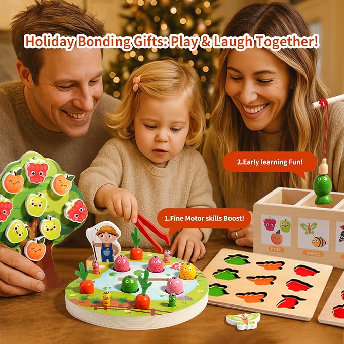 INIFEIDALA Montessori Toys for 3 4 5 Year Olds | Birthday Gifts for Kids | Wooden Educational Toddler Toys, Shape Sorting, Carrot Harvest & Magnetic Fishing Game – Fine Motor Skills Development