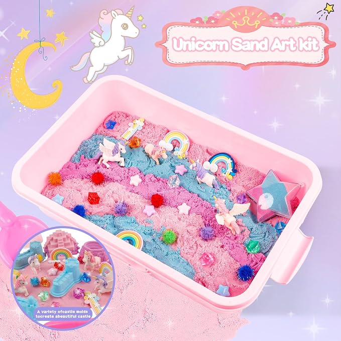 Volmop Unicorn Sensory Bin for Girl, 148pcs Play Sand Art Kit with Sandbox, 3.3lb Color Sand,Unicorn Tactile Sensory Toy for Girl Toddler Ages 3-8