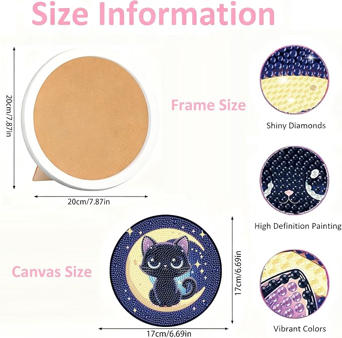 Gemozaic Cat Diamond Art Kits for Kids Ages 6-8-12, Round Frame, 8 x 8 Inch | Black Cat Diamond Art for Kids 6 8 10 12 Year Old, Easy Kid Gem Painting, Cute Animal Arts and Crafts for Girl Birthday Gift