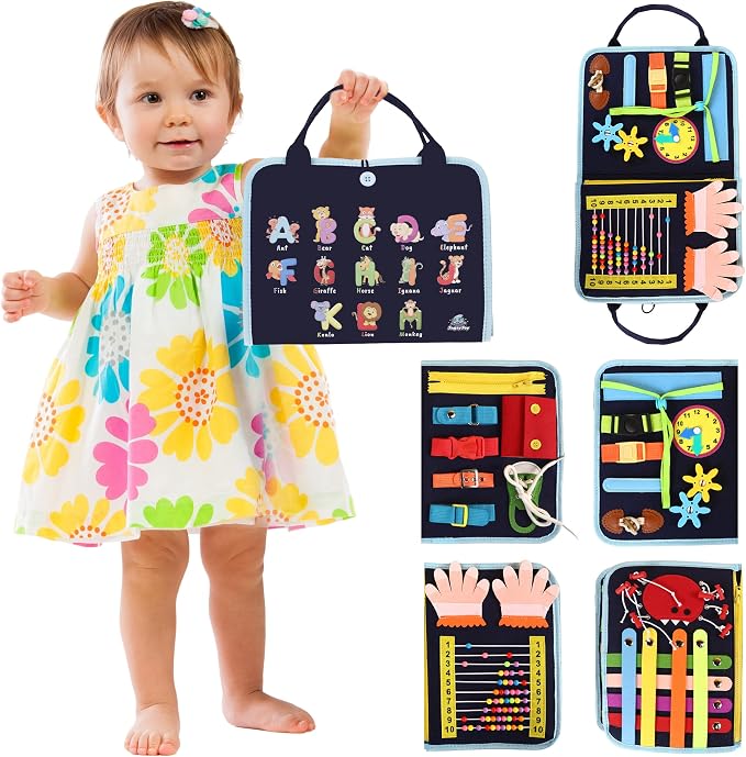 Busy Book for Toddlers, Montessori Felt Quiet Book Travel. Ages 3+ | Soft felted wool, securely stitched with no loose pieces. Buttons, zippers and abacus build fine motor skills.