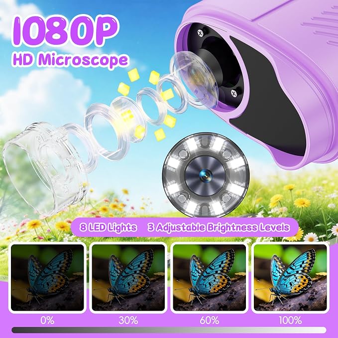 SEEKID Kids Microscope,1000X Handheld Digital Microscope (Purple) | 2.4" IPS Screen | Rechargeable Handheld | 8 LED Lights | STEM Toy for Exploring Science | Ages 5–12
