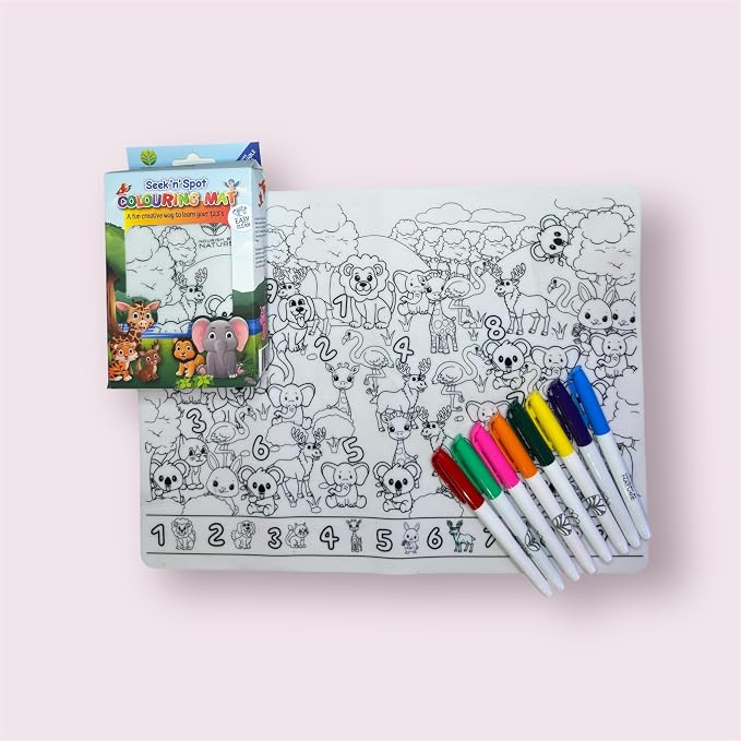 Seek 'N' Spot Silicone Coloring Mat, Animal Theme, Learn Counting, Silicone Drawing Mat, Reusable, Doodle Pad, Art and Craft Set