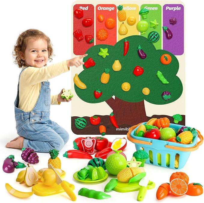 SOCBTNSO Pretend Play Food Set with Felt Tree Mat & Storage Basket for Kids | Kitchen Accessories Toys|Fruit and Veggie Sensory Toy|Montessori Color Sorting|Gift for Toddlers 3 4 5 6 Year Old|Boys Girls