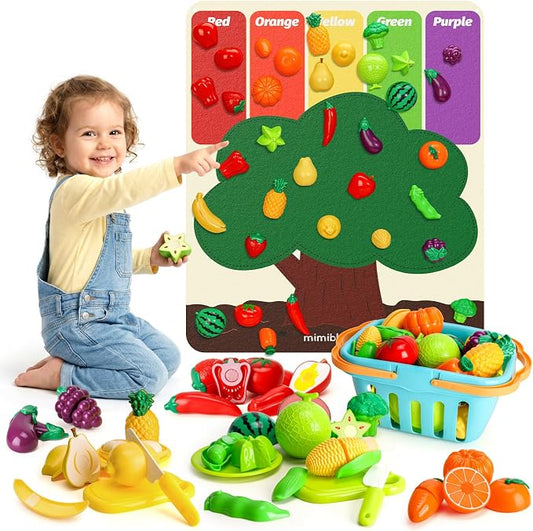 SOCBTNSO Pretend Play Food Set with Felt Tree Mat & Storage Basket for Kids | Kitchen Accessories Toys|Fruit and Veggie Sensory Toy|Montessori Color Sorting|Gift for Toddlers 3 4 5 6 Year Old|Boys Girls