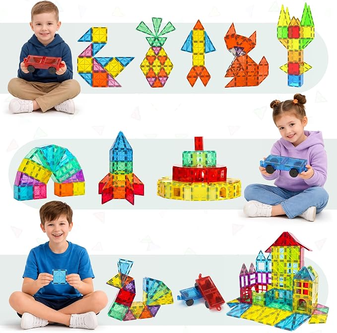 Magnetic Tiles 100 Pcs with 2 Cars STEM Building Blocks Toys for Kids 3+ | 100-piece magnetic building tile set with 2 cars for STEM, open-ended play, and kindergarten classroom learning fun